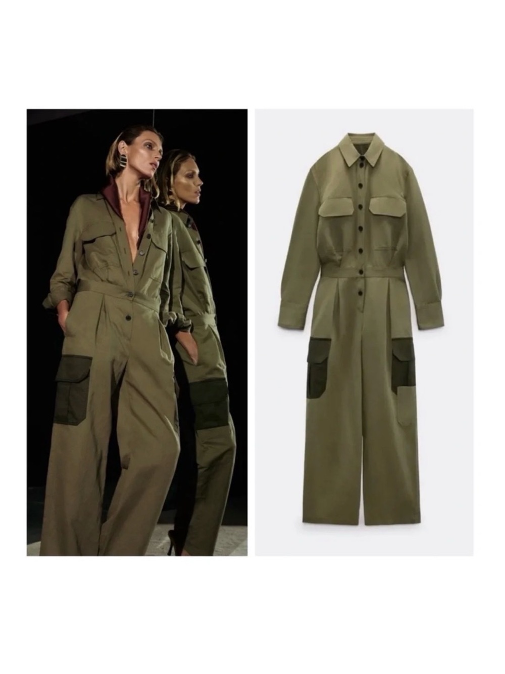Zara Olive Green Utility Jumpsuit with Contrasting Side Pockets - Picture 8 of 10